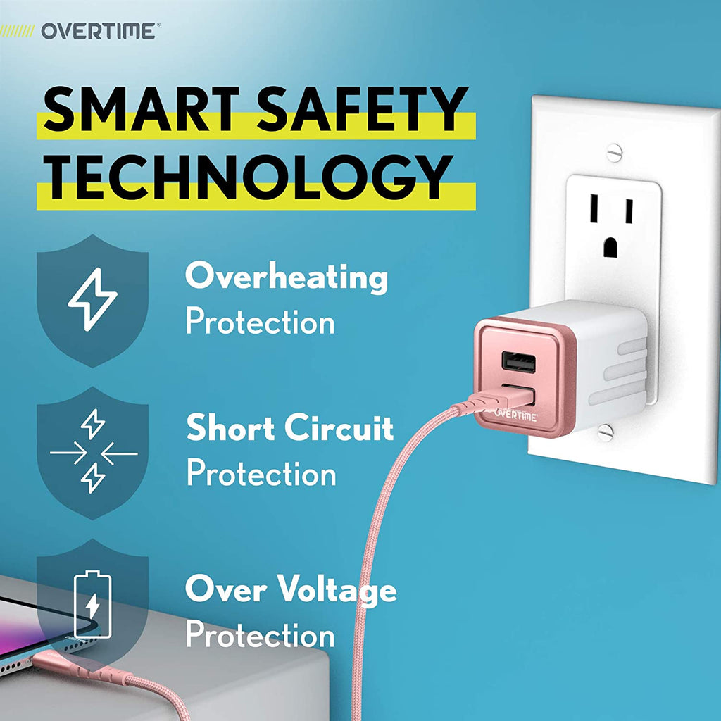 Ultimate iPhone Charger Set: Apple MFi Certified Lightning Cable with Dual USB Wall Adapter - 10ft in Stylish Rose Gold