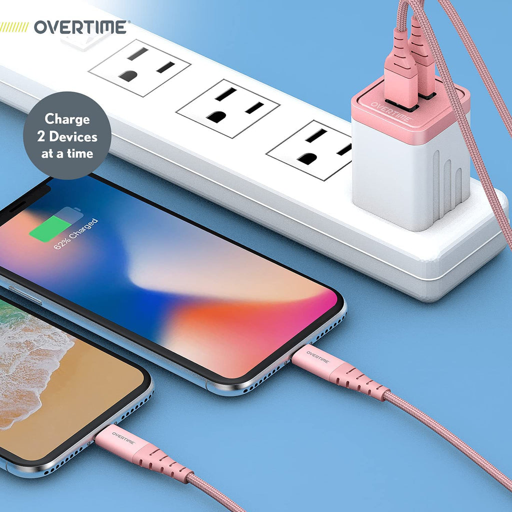 Ultimate iPhone Charger Set: Apple MFi Certified Lightning Cable with Dual USB Wall Adapter - 10ft in Stylish Rose Gold