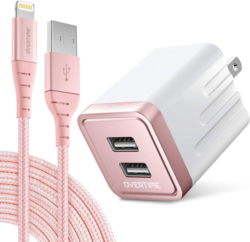 Ultimate iPhone Charger Set: Apple MFi Certified Lightning Cable with Dual USB Wall Adapter - 10ft in Stylish Rose Gold